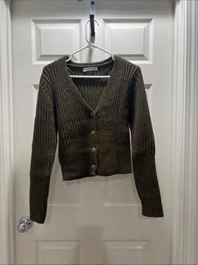 Mango Olive Ribbed V-Neck Button Cardigan - Women Sweater